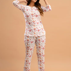 White Printed Cotton Night Suit with V-Neck Kurti & Ankle-Length Pants