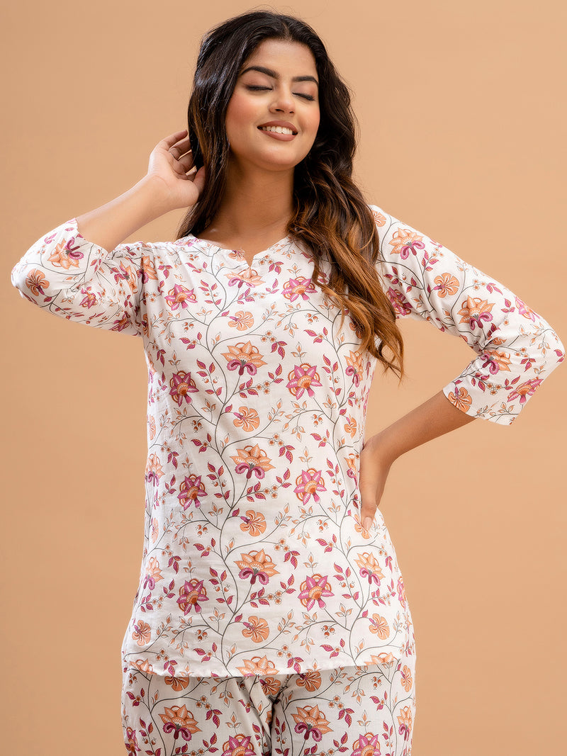 White Printed Cotton Night Suit with V-Neck Kurti & Ankle-Length Pants