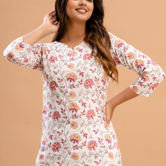 White Printed Cotton Night Suit with V-Neck Kurti & Ankle-Length Pants
