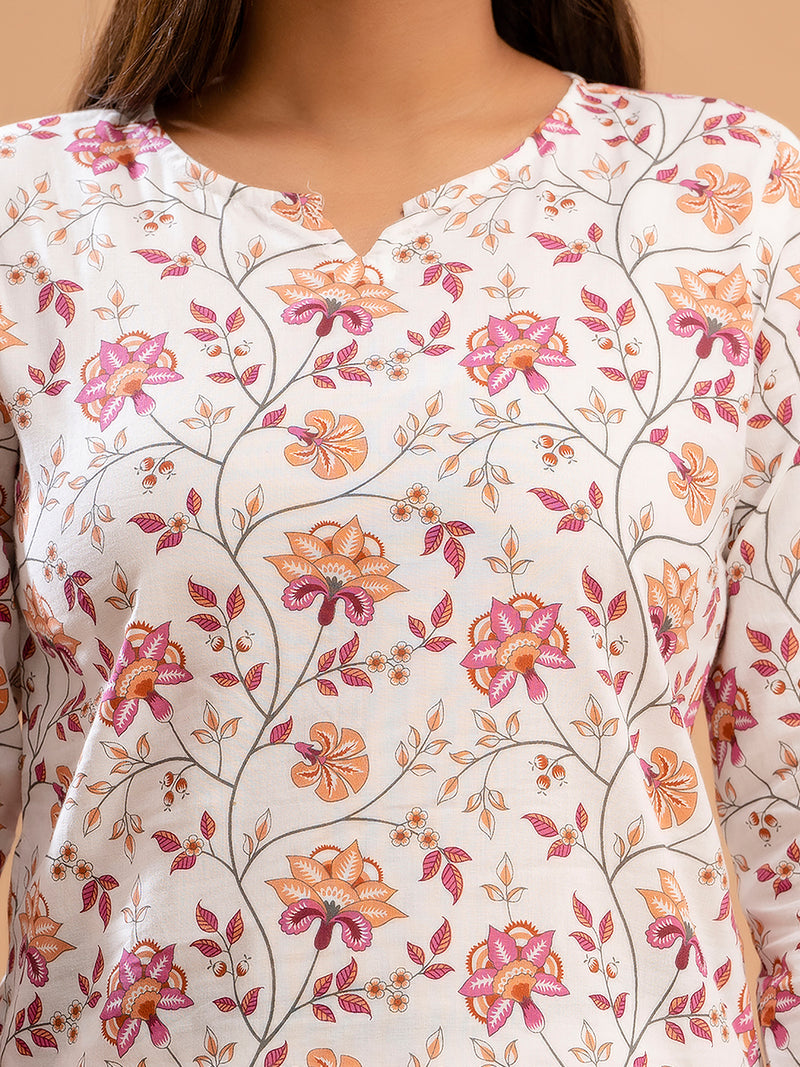 White Printed Cotton Night Suit with V-Neck Kurti & Ankle-Length Pants