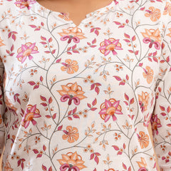 White Printed Cotton Night Suit with V-Neck Kurti & Ankle-Length Pants