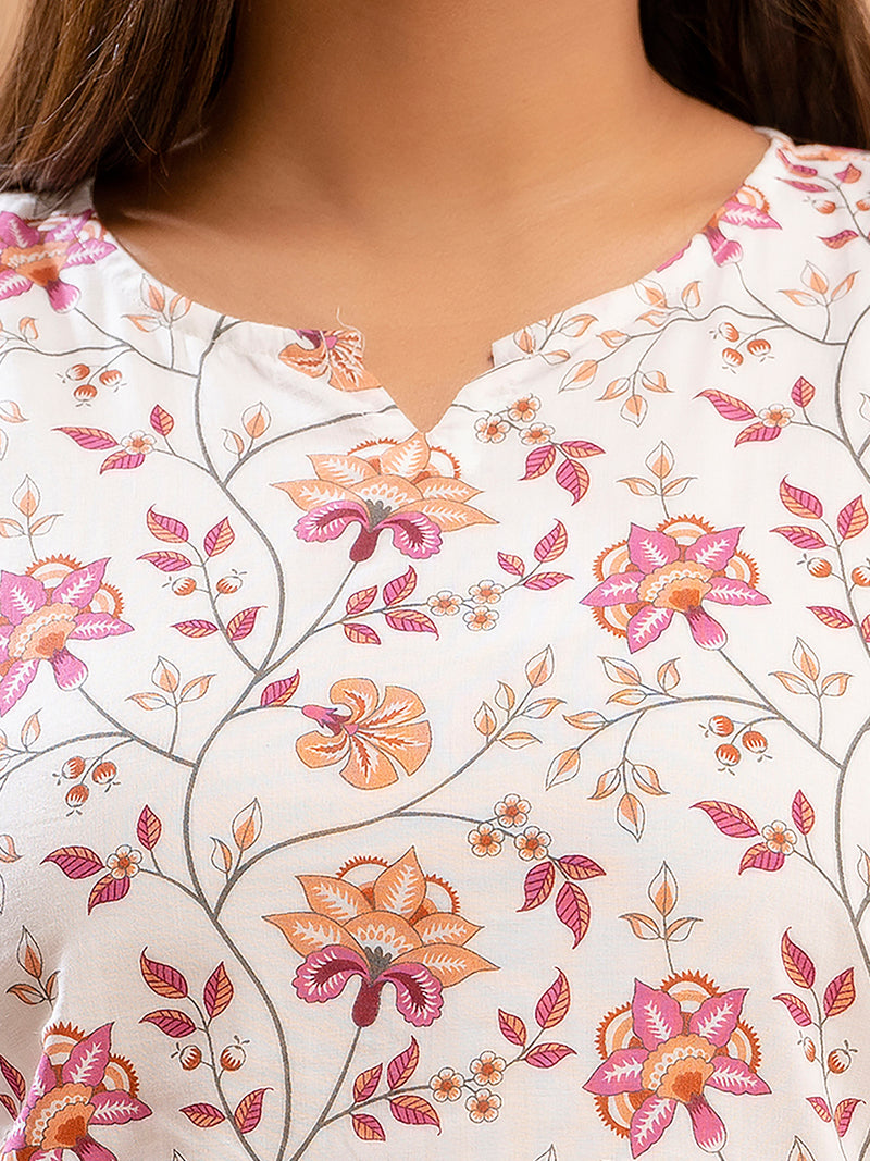 White Printed Cotton Night Suit with V-Neck Kurti & Ankle-Length Pants