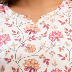 White Printed Cotton Night Suit with V-Neck Kurti & Ankle-Length Pants