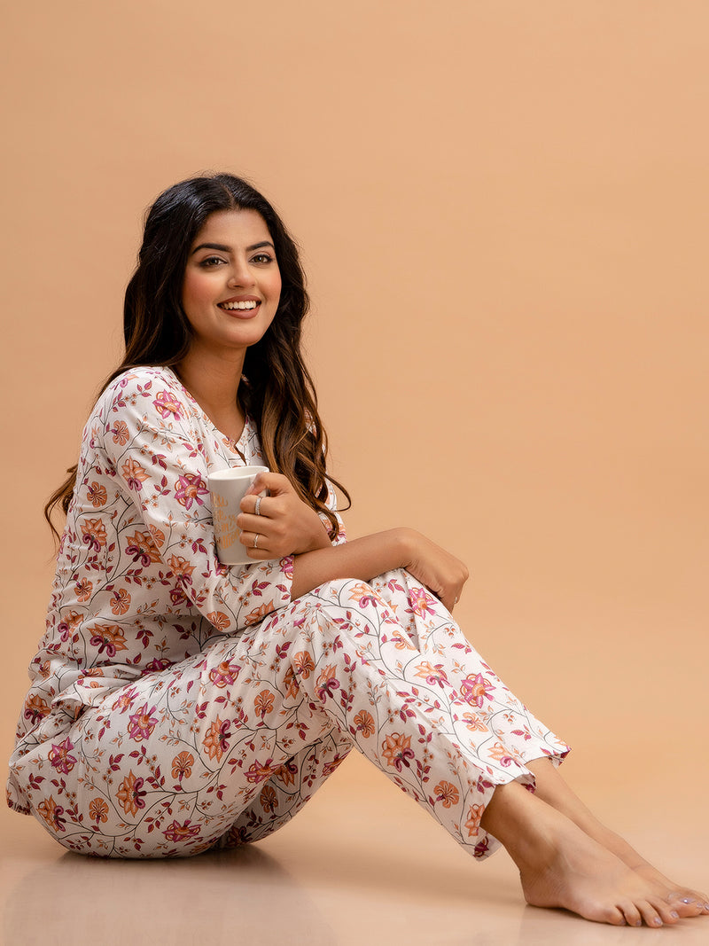 White Printed Cotton Night Suit with V-Neck Kurti & Ankle-Length Pants