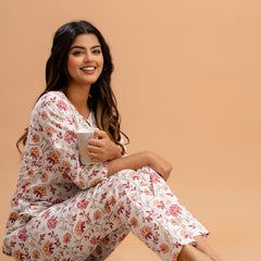 White Printed Cotton Night Suit with V-Neck Kurti & Ankle-Length Pants