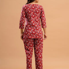 Red Printed Cotton Night Suit with V-Neck Kurti & Ankle-Length Pants