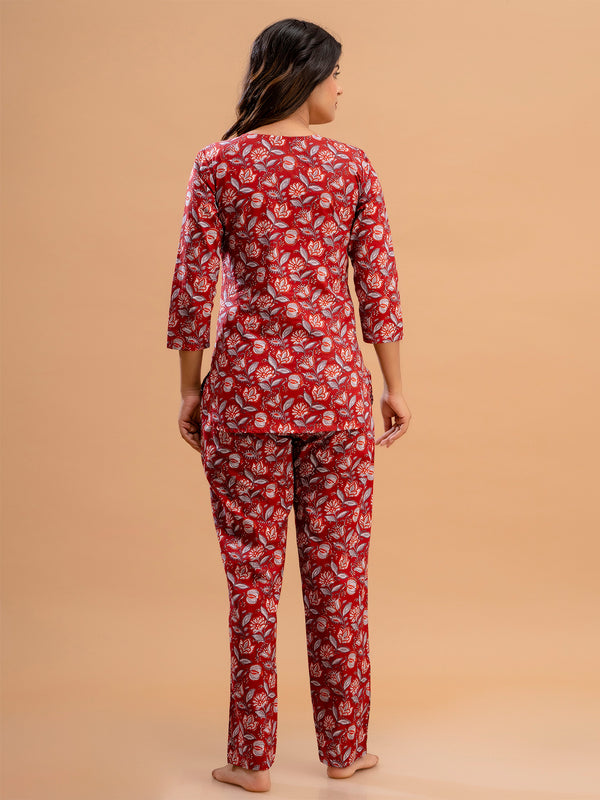 Red Printed Cotton Night Suit with V-Neck Kurti & Ankle-Length Pants