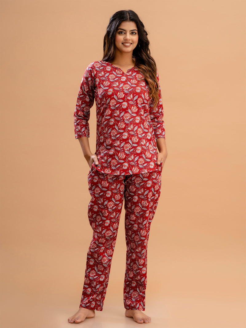Red Printed Cotton Night Suit with V-Neck Kurti & Ankle-Length Pants