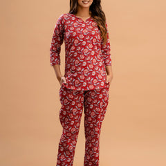 Red Printed Cotton Night Suit with V-Neck Kurti & Ankle-Length Pants
