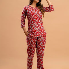 Red Printed Cotton Night Suit with V-Neck Kurti & Ankle-Length Pants