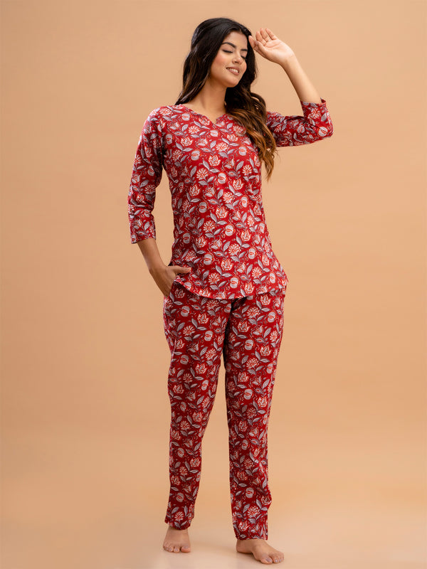 Red Printed Cotton Night Suit with V-Neck Kurti & Ankle-Length Pants