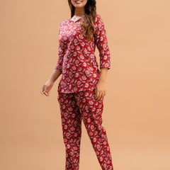 Red Printed Cotton Night Suit with V-Neck Kurti & Ankle-Length Pants
