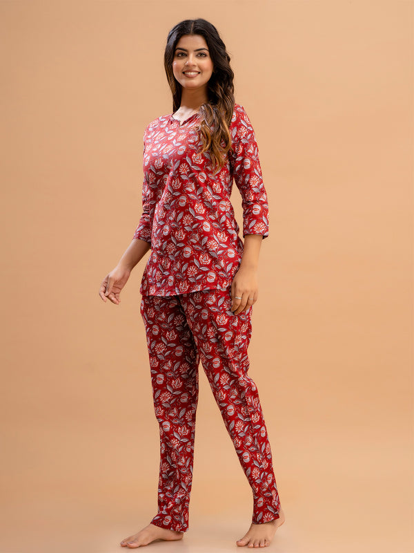 Red Printed Cotton Night Suit with V-Neck Kurti & Ankle-Length Pants
