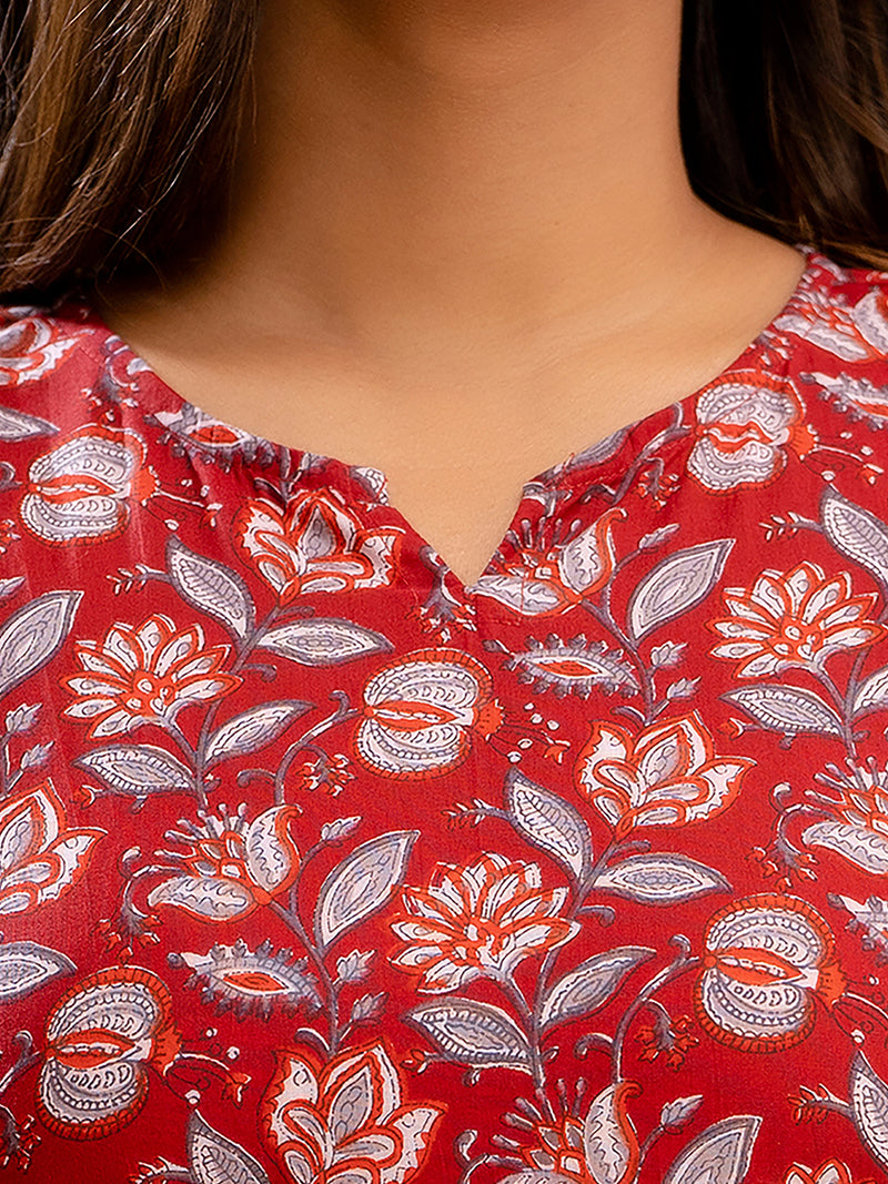 Red Printed Cotton Night Suit with V-Neck Kurti & Ankle-Length Pants