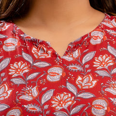Red Printed Cotton Night Suit with V-Neck Kurti & Ankle-Length Pants