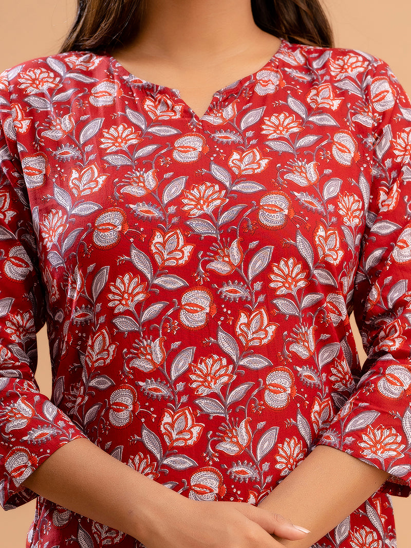 Red Printed Cotton Night Suit with V-Neck Kurti & Ankle-Length Pants