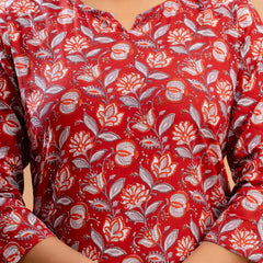 Red Printed Cotton Night Suit with V-Neck Kurti & Ankle-Length Pants