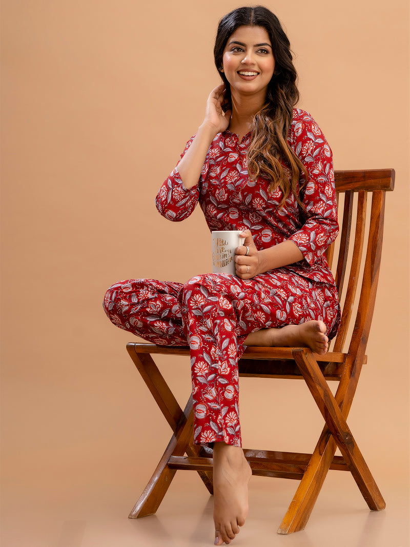 Red Printed Cotton Night Suit with V-Neck Kurti & Ankle-Length Pants