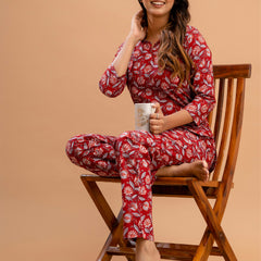 Red Printed Cotton Night Suit with V-Neck Kurti & Ankle-Length Pants