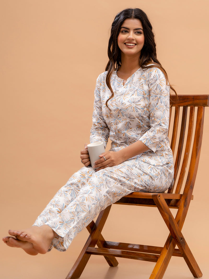 White Printed Cotton Night Suit with V-Neck Kurti & Ankle-Length Pants
