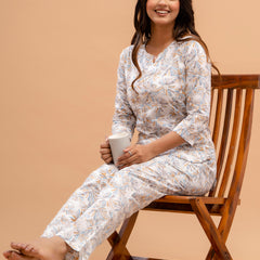White Printed Cotton Night Suit with V-Neck Kurti & Ankle-Length Pants