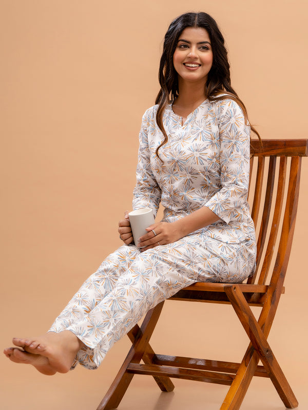 White Printed Cotton Night Suit with V-Neck Kurti & Ankle-Length Pants