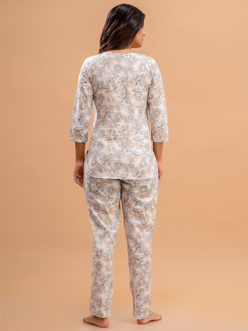 White Printed Cotton Night Suit with V-Neck Kurti & Ankle-Length Pants