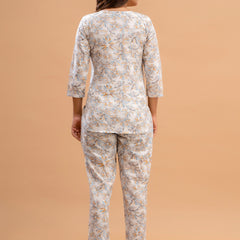 White Printed Cotton Night Suit with V-Neck Kurti & Ankle-Length Pants