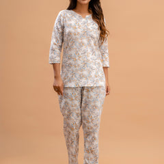 White Printed Cotton Night Suit with V-Neck Kurti & Ankle-Length Pants