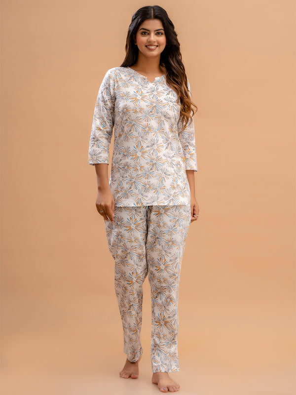 White Printed Cotton Night Suit with V-Neck Kurti & Ankle-Length Pants