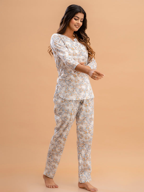 White Printed Cotton Night Suit with V-Neck Kurti & Ankle-Length Pants