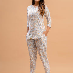White Printed Cotton Night Suit with V-Neck Kurti & Ankle-Length Pants