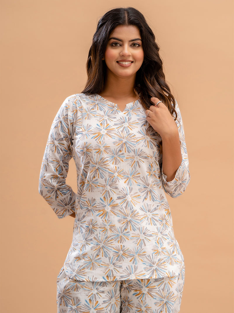 White Printed Cotton Night Suit with V-Neck Kurti & Ankle-Length Pants