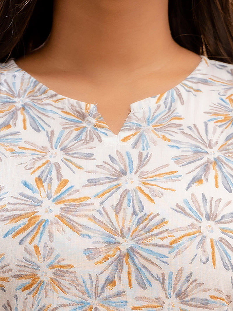 White Printed Cotton Night Suit with V-Neck Kurti & Ankle-Length Pants