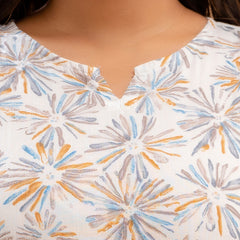 White Printed Cotton Night Suit with V-Neck Kurti & Ankle-Length Pants