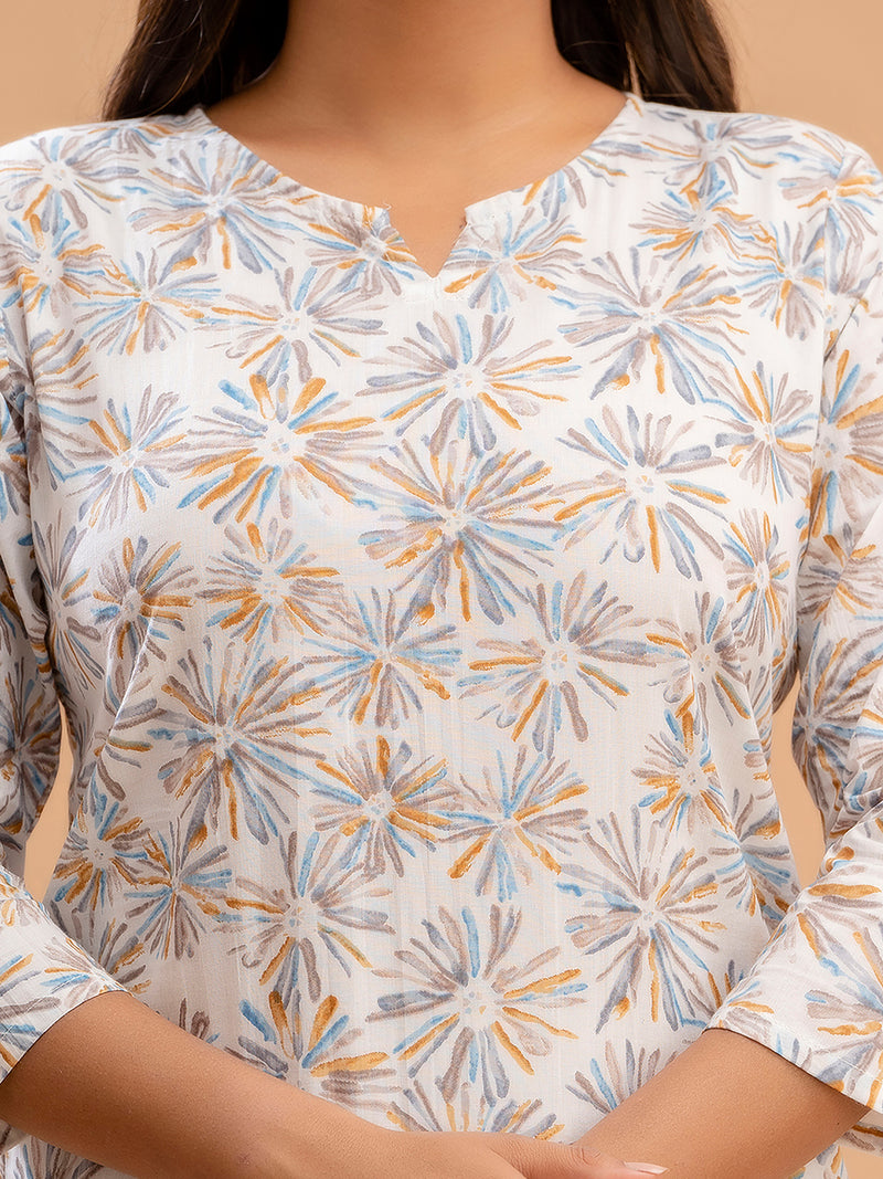 White Printed Cotton Night Suit with V-Neck Kurti & Ankle-Length Pants