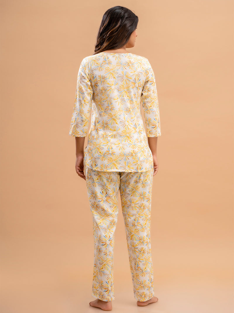 White Printed Cotton Night Suit with V-Neck Kurti & Ankle-Length Pants