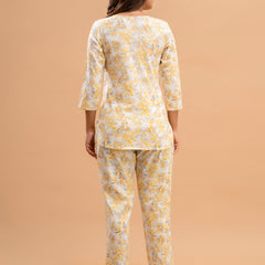 White Printed Cotton Night Suit with V-Neck Kurti & Ankle-Length Pants