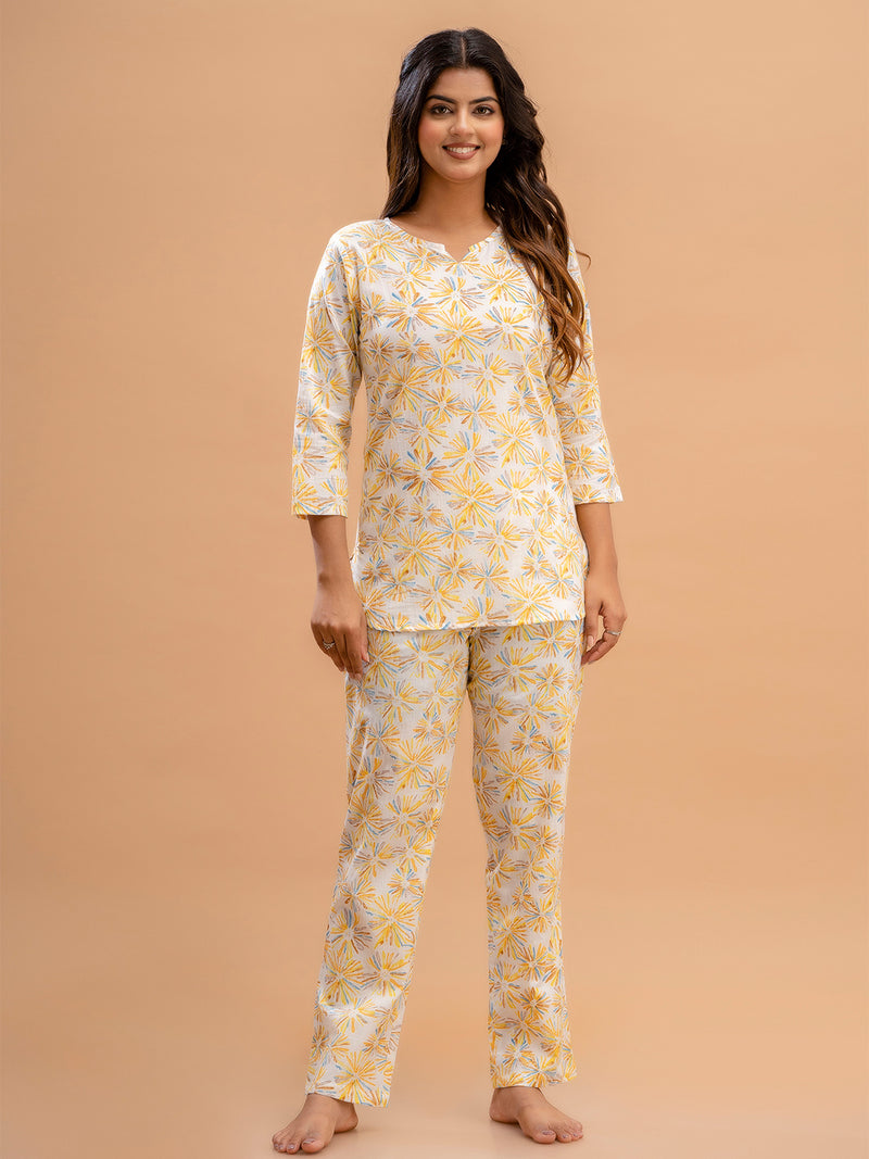 White Printed Cotton Night Suit with V-Neck Kurti & Ankle-Length Pants