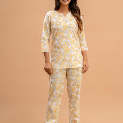 White Printed Cotton Night Suit with V-Neck Kurti & Ankle-Length Pants