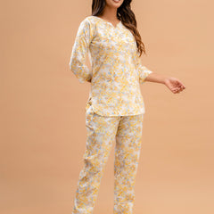 White Printed Cotton Night Suit with V-Neck Kurti & Ankle-Length Pants