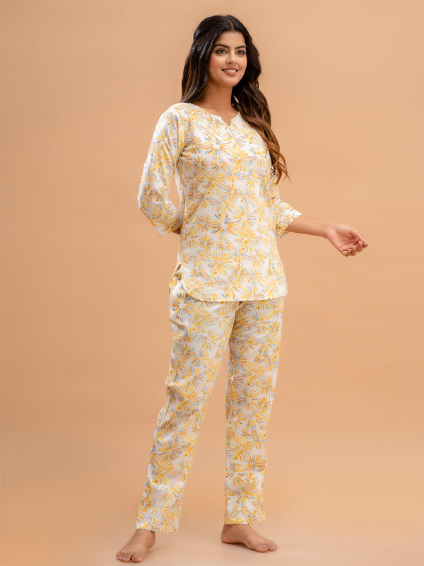 White Printed Cotton Night Suit with V-Neck Kurti & Ankle-Length Pants