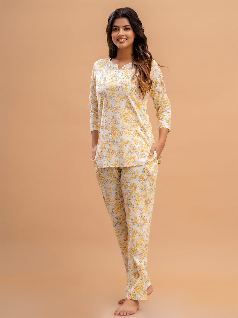 White Printed Cotton Night Suit with V-Neck Kurti & Ankle-Length Pants