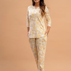 White Printed Cotton Night Suit with V-Neck Kurti & Ankle-Length Pants