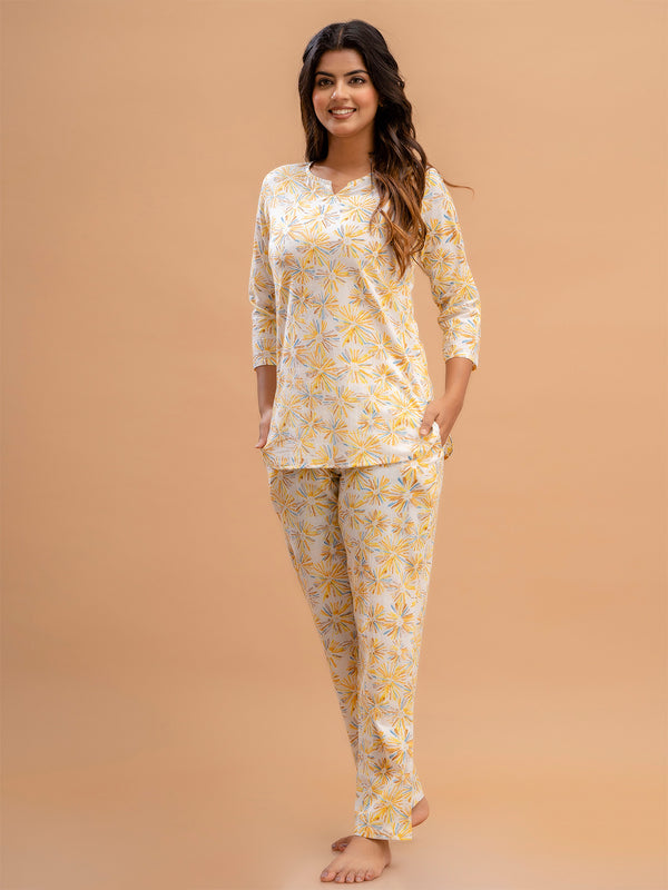 White Printed Cotton Night Suit with V-Neck Kurti & Ankle-Length Pants