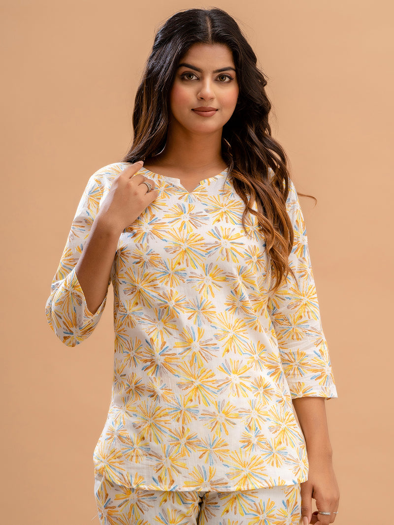 White Printed Cotton Night Suit with V-Neck Kurti & Ankle-Length Pants