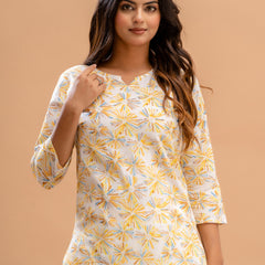 White Printed Cotton Night Suit with V-Neck Kurti & Ankle-Length Pants