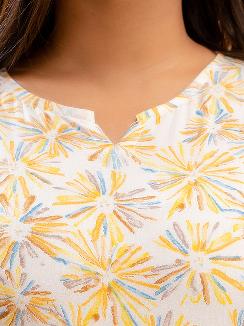 White Printed Cotton Night Suit with V-Neck Kurti & Ankle-Length Pants