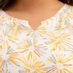 White Printed Cotton Night Suit with V-Neck Kurti & Ankle-Length Pants