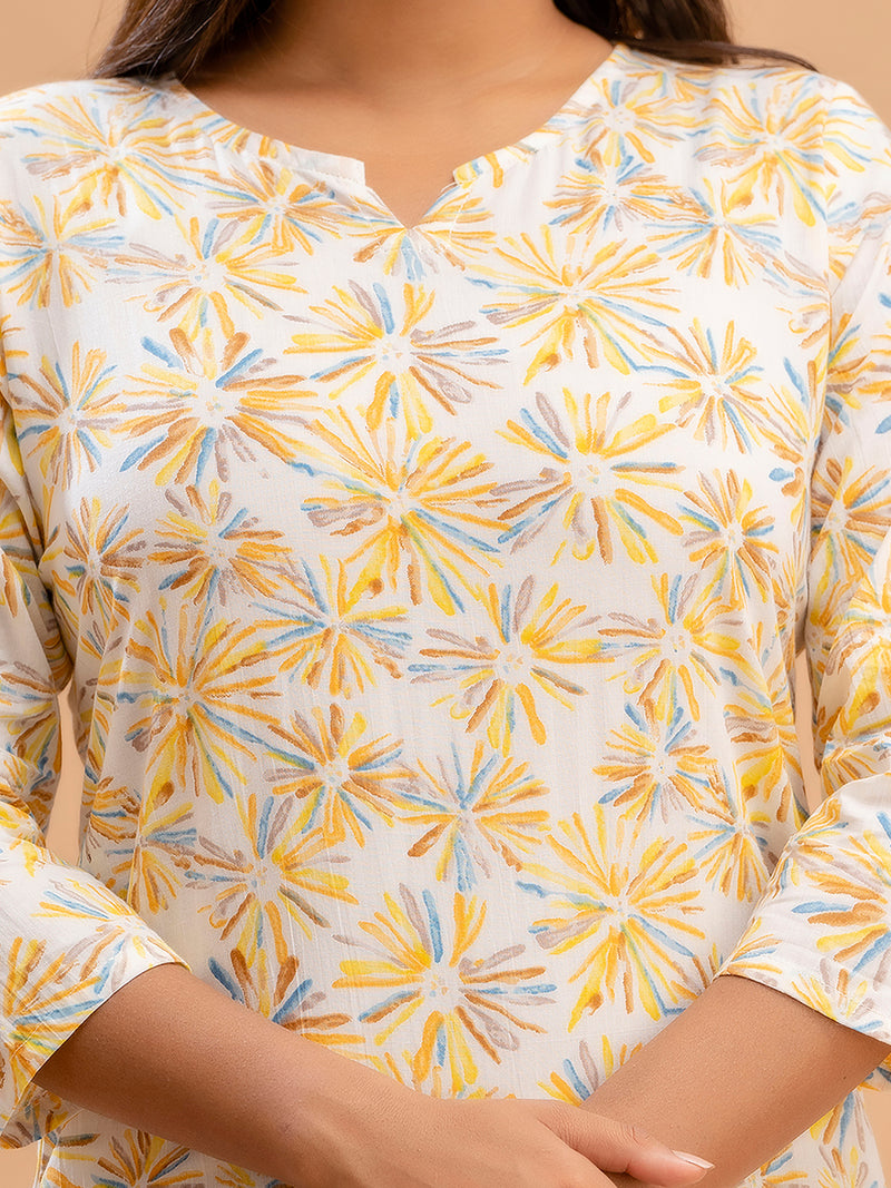 White Printed Cotton Night Suit with V-Neck Kurti & Ankle-Length Pants